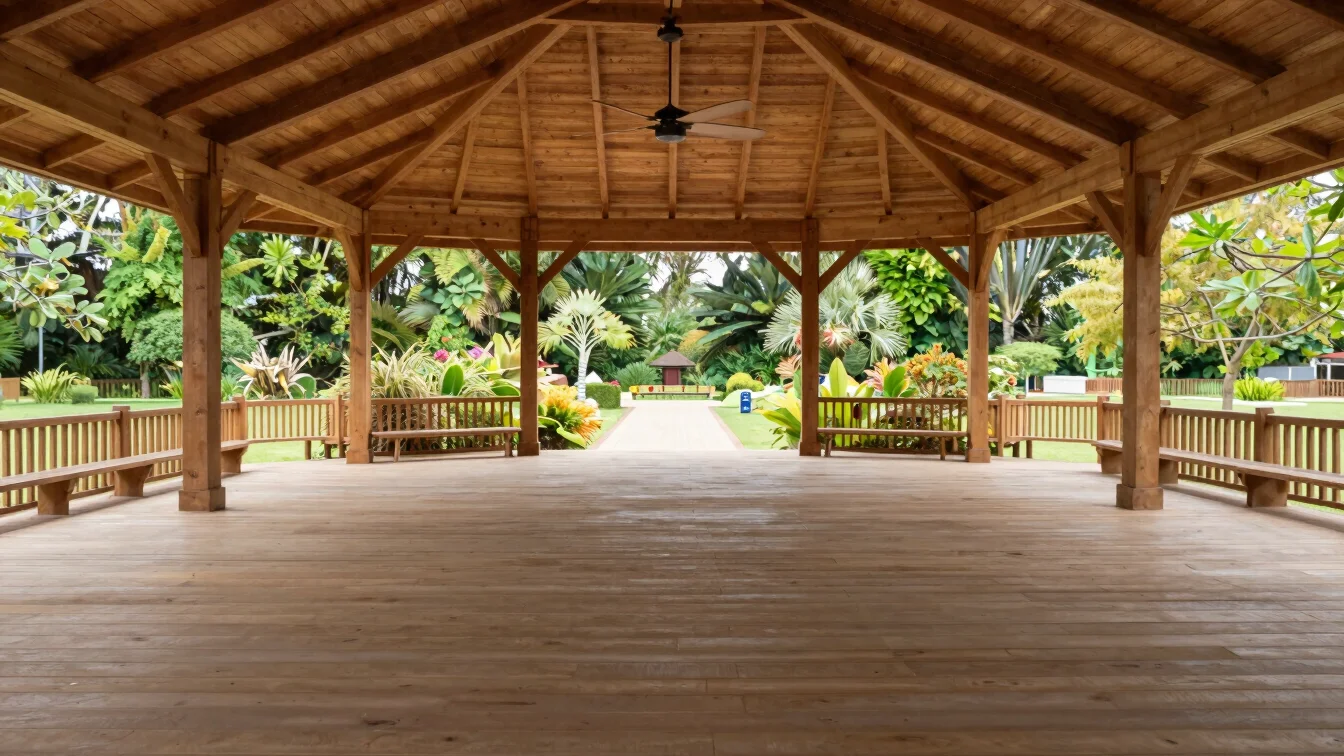 Bright shot of the open pavilion interior with natural light, rea