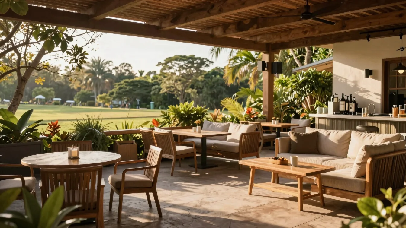 Covered outdoor patio with comfortable seating, bathed in soft go