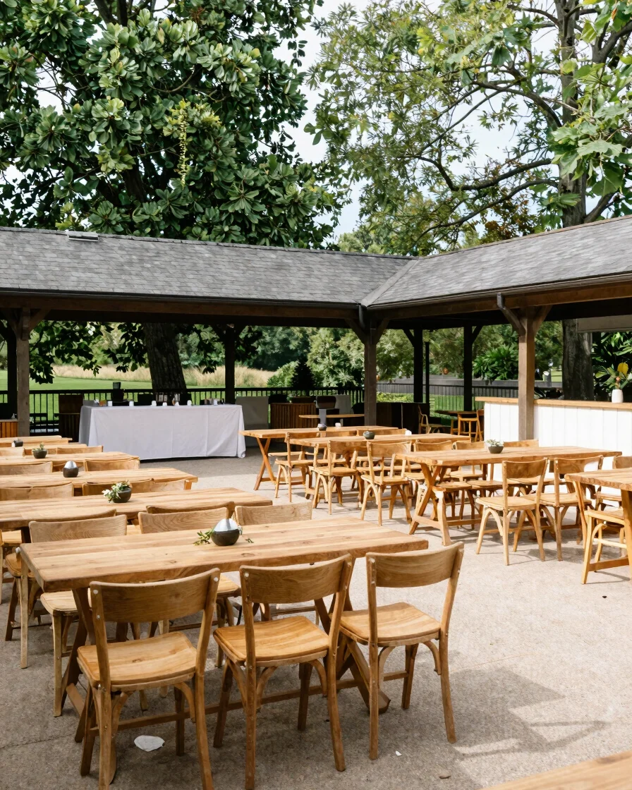 Bright panoramic shot of the open pavilion layout with natural da