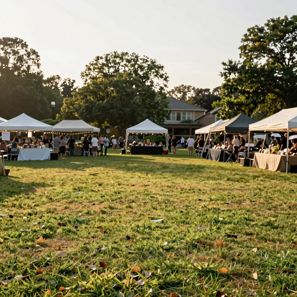 Outdoor lawn area set up for a community event, soft golden-hour sun.