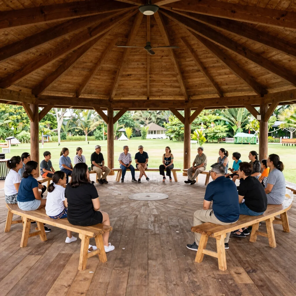 Interior shot of the pavilion with flexible seating arrangements for a family celebration.