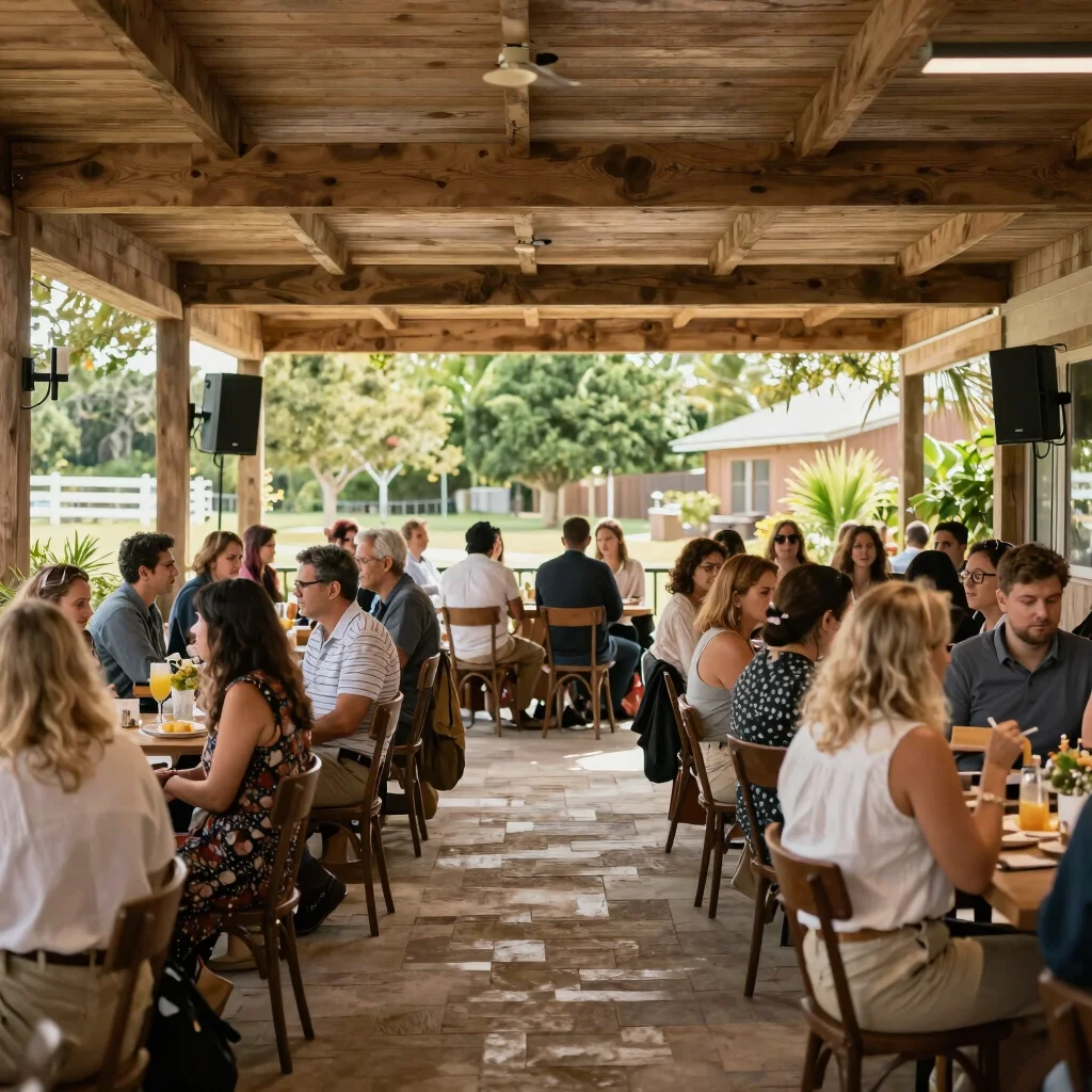 Covered patio space with guests enjoying an event, natural light.