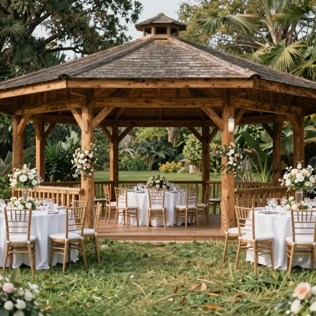Wide environmental shot of the pavilion dressed for a wedding reception, natural daylight.
